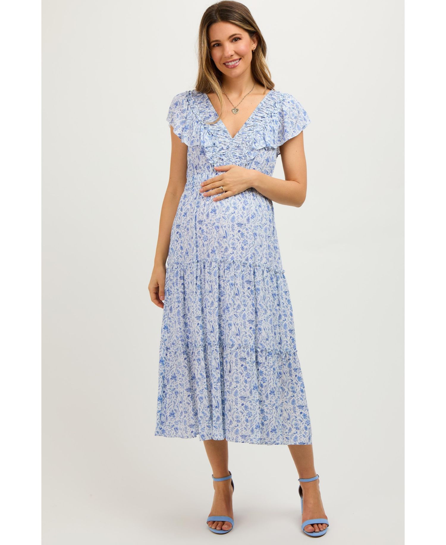 Women's Blue Floral Front Ruched Ruffle Shoulder Tiered Midi Dress