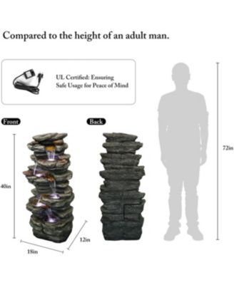 40" High 6-Tiers Cascading Rock Outdoor Water Fountain with LED Lights - Large Outdoor Fountains and Waterfalls for Garden or Patio, Yard, and Deck Decor, Featuring Natural Stone Look