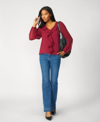 Women's Poet Chiffon Ruffle & V-Neck Knit Top