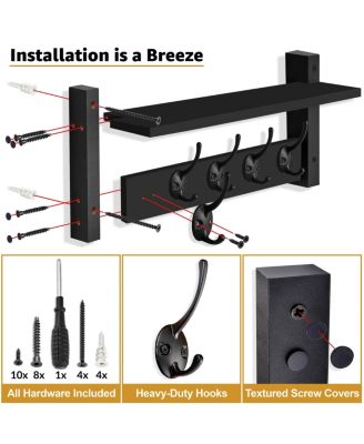 16 Inch Floating Wall Shelf with 5 Heavy Duty Hooks &amp;#x2013; for Entryway, Bathroom, Bedroom, Kitchen, or Mudroom