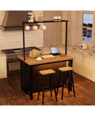 Wooden Kitchen Island with Power Outlet, LED Lights, 3-Tier Microwave Stand, Oven Shelf & Coffee Bar Table with Hooks