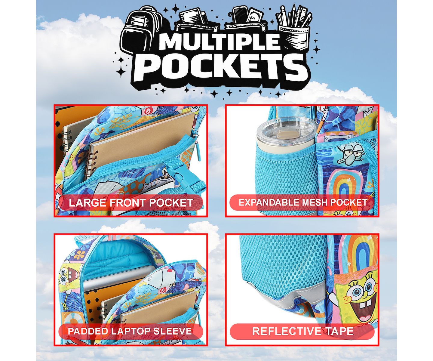 Сумки SpongeBob SquarePants 2-Piece 16" Premium Backpack and Lunch Kit Set для мальчиков, цвет: Синий — фото 2