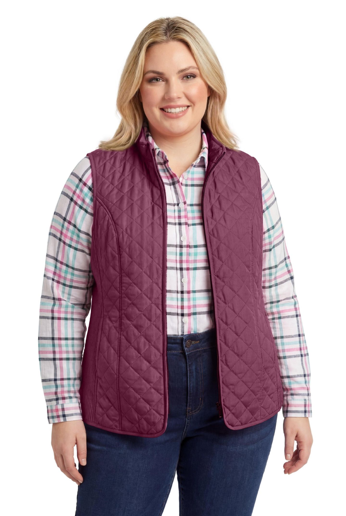 Женский жилет Woman Within Plus Size Within Zip-Front Quilted, цвет: Глубокий бордово-красный — фото 1