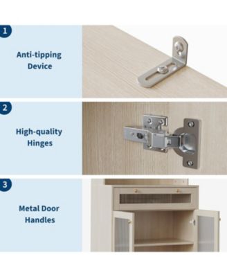 62 Inch Engineered Wood Freestanding Hutch Cupboard with Large Countertop, Glass Doors, Drawer and Adjustable Shelves Kitchen Pantry Cabinet