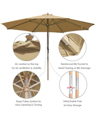 13ft XL Heavy Duty Solid Wood Outdoor Patio Umbrella with Base Parasol Wheels Stand for Bistro Market Table Garden Deck Yard Poolside Tan