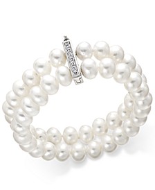 Cultured Freshwater Pearl (8-1/2 mm) and Cubic Zirconia Two-Row Bracelet in Sterling Silver