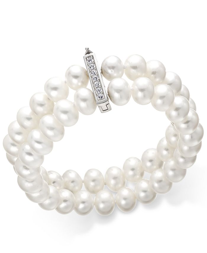 Belle de Mer - Cultured Freshwater Pearl (8-1/2mm) and Cubic Zirconia Two-Row Bracelet