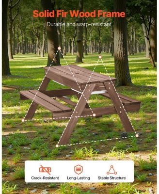 Wooden Picnic Table and Bench Set with Umbrella for Indoor and Outdoor Use