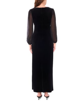 Women's Velvet V-Neck and Balloon Sleeve Maxi Dress