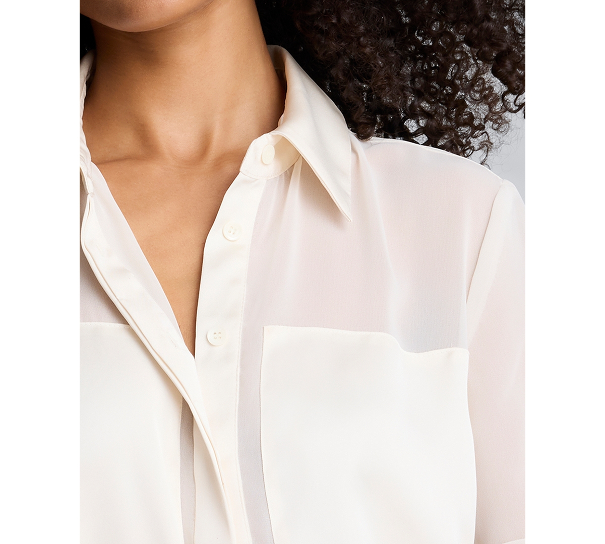 Kenneth Cole Long Sleeve Button Front Sheer Detail Woven Shirt In White
