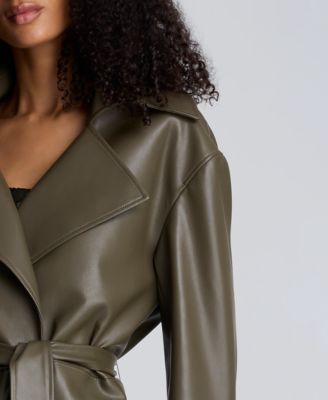 Women's Faux Leather Belted Trench Jacket