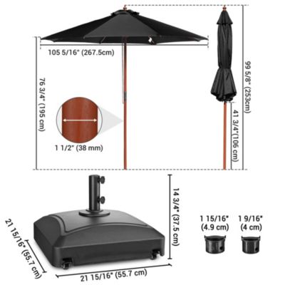 9ft Solid Wood Outdoor Patio Umbrella with Base Included Parasol Wheels Stand for Bistro Market Garden Deck Yard Poolside Black