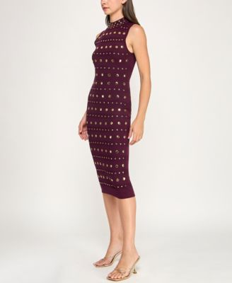 Juniors' Mock Neck Sleeveless Studded Midi Sweater Dress