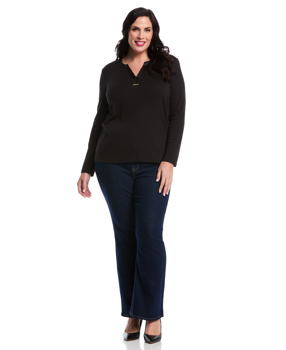 Rafaella Plus Size Woven Trim Split V-neck Long Sleeve Top In Black
