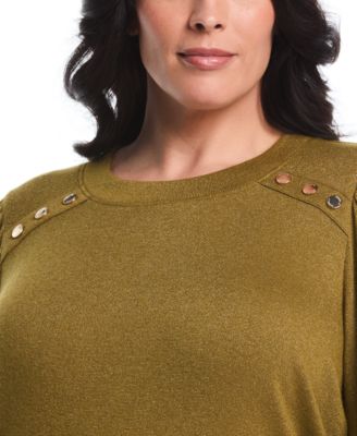 Plus Size Metallic Puff Long Sleeve Crew Neck Top