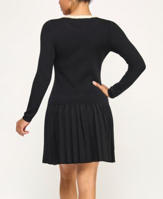 Juniors' Pearl Boucle Trim Pleated Fit & Flare Sweater Dress