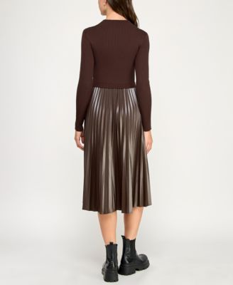 Juniors Faux Leather Pleated Midi Sweater Dress