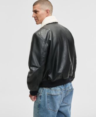Men's Relaxed-Fit Faux-Sherpa-Collar Faux-Leather Bomber Jacket, Macy's Exclusive