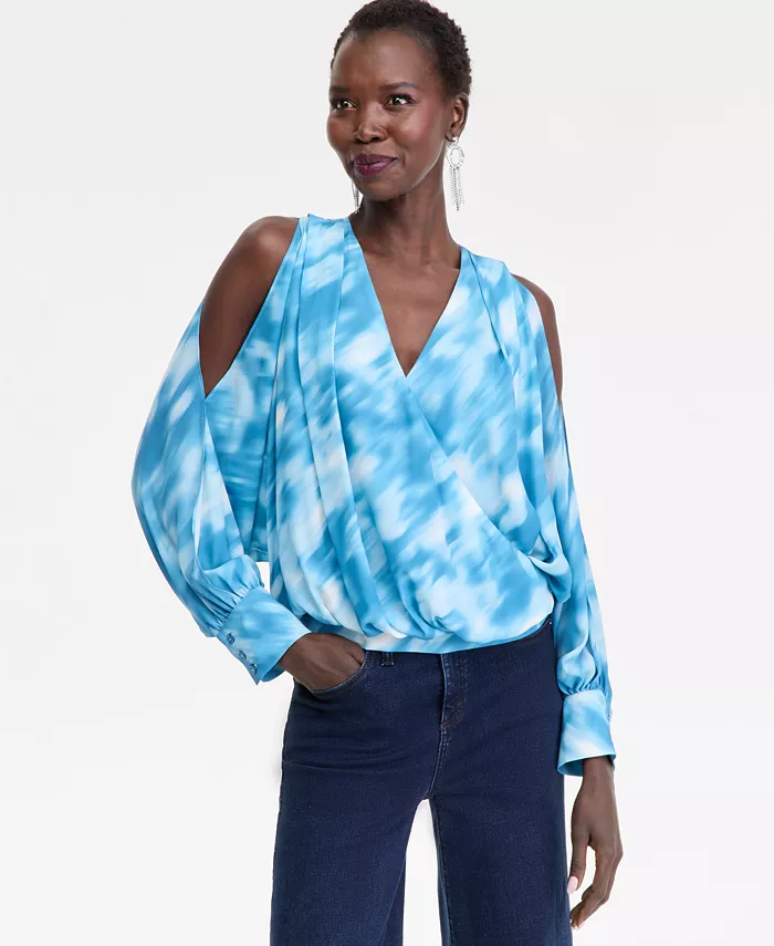 Women's Printed Arm-Slit Surplice Blouse