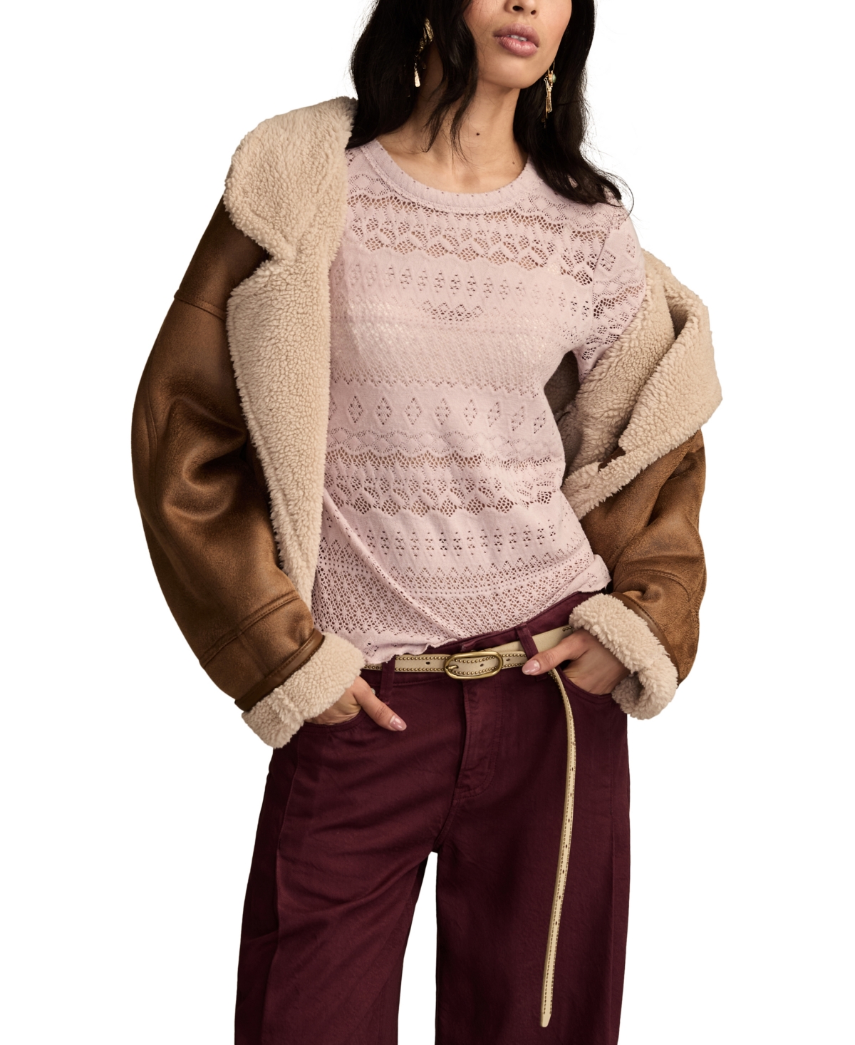 Lucky Brand Lace Long Sleeve Crewneck Top In Pink