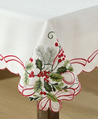 Holly Ribbon Embroidered Cutwork Fabric Tablecloth, 60" x 84"