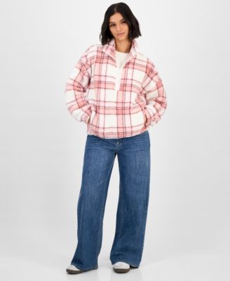 Juniors' Printed Quarter-Zip Sherpa Jacket