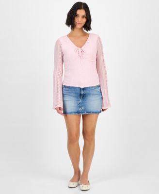 Juniors' Lace V-Neck Bell-Sleeve Top