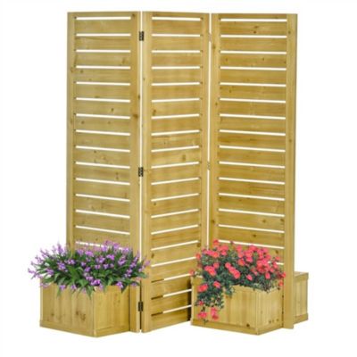 3-Panel Fir Wood Outdoor Privacy Screen with 4 Garden Bed Planters for Patio