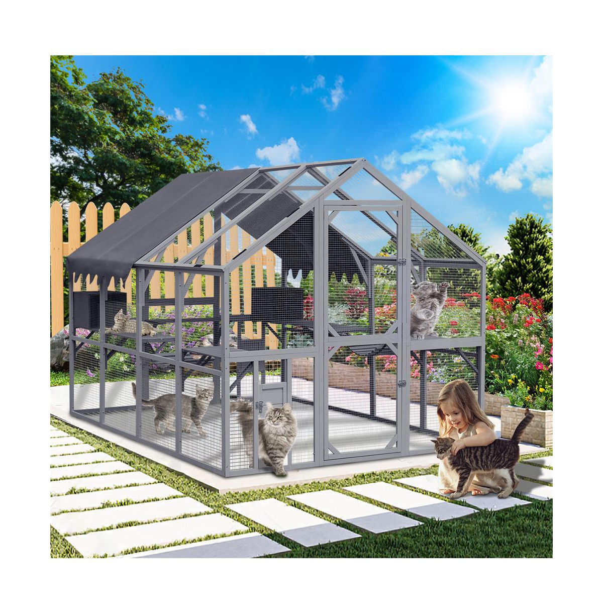 Aostirmotor 110 in. Outdoor Cat House Cat Enclosures with Platforms Upgrade Waterproof Cover in Gray