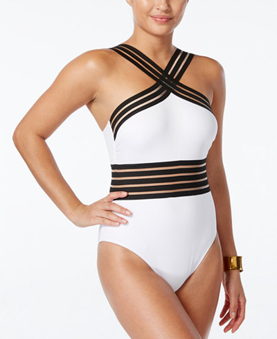 Kenneth Cole Stompin' In Stilettos Illusion-Striped Swimsuit