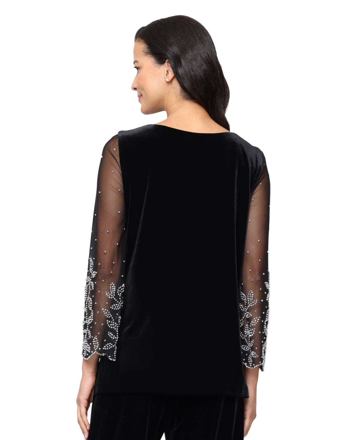 Alex Evenings Sheer Rhinestone Sleeve Velvet Blouse In Black