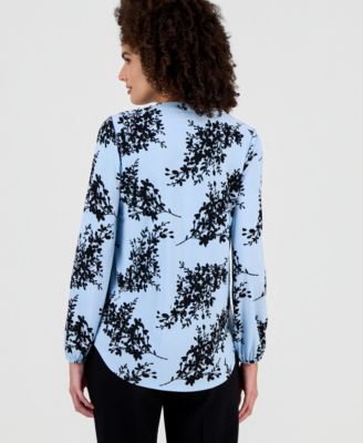 Women's Floral-Print Split-Neck Long-Sleeve Top