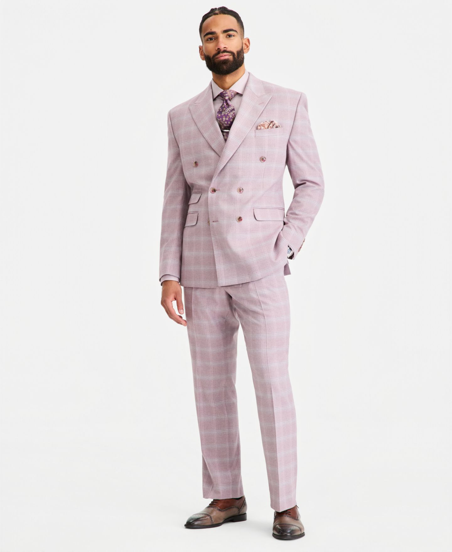 Мужские комплекты Tayion Collection Classic-Fit Double-Breasted Windowpane Suit Separates, цвет: Пыльный розовый — фото 1