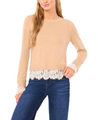 CeCe - Women's Lace Hem Long Sleeves Sweater