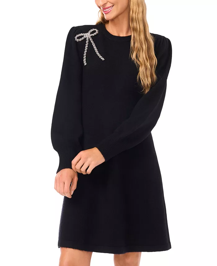 Women's Beaded Ribbon Long Sleeves Sweater Dress - thumbnail 2