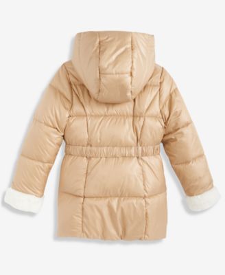 Girls 7-16 Belted Stadium Puffer Jacket With Faux-Fur Trim