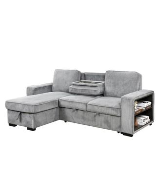 Modern Pull-Out Sofa Bed with Storage Chaise, USB Charging & Bookshelf Arm, Sleeper Sectional Couch for Small Spaces