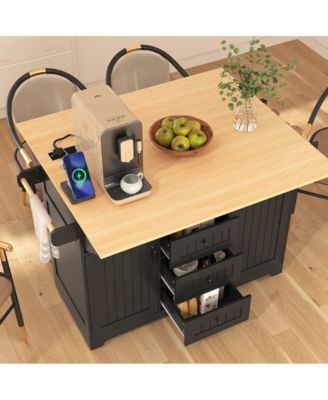 55.7" Rolling Kitchen Island with Dual Drop Leaves, Power Outlet, Storage Drawers & Cabinets