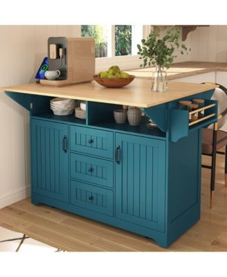 55.7" Rolling Kitchen Island with Dual Drop Leaves, Power Outlet, Storage Drawers & Cabinets
