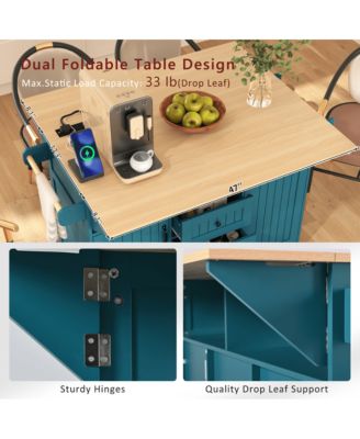 55.7" Rolling Kitchen Island with Dual Drop Leaves, Power Outlet, Storage Drawers & Cabinets