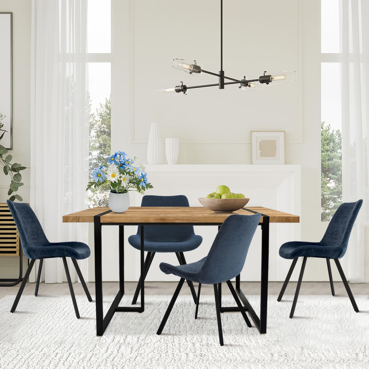 5-Piece Dining Set with 59 Inch Rectangular Table and 4 Upholstered Chairs, Space-Saving Design for Kitchen or Room-Maison Boucle