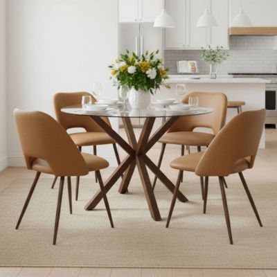 5 Pc Glass & PU Leather Dining Set Round Table 4 Chairs Modern Kitchen Dining Room Furniture