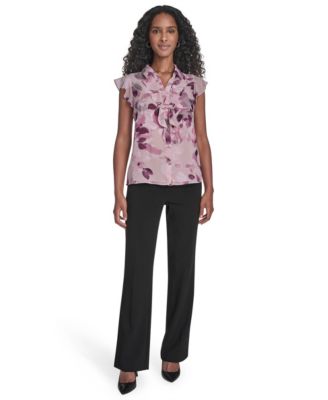 Calvin Klein - Petite Printed Short Sleeve Ruffle Front Blouse