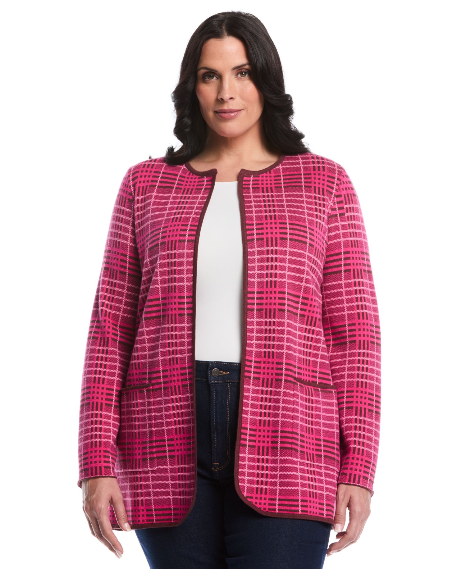 Plus Size Crosshatch Patch Pocket Open Long Sleeve Cardigan Sweater
