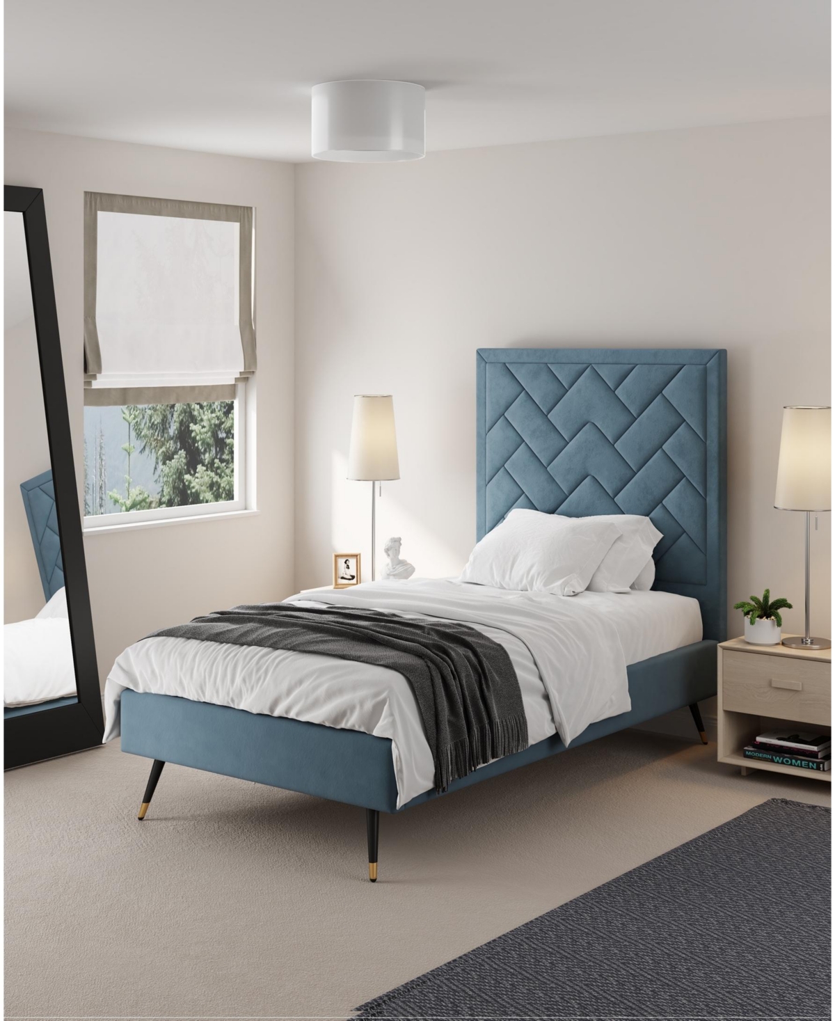 Manhattan Comfort Crosby Modern Twin-size Velvet Upholstered Bedframe And Headboard In Blue