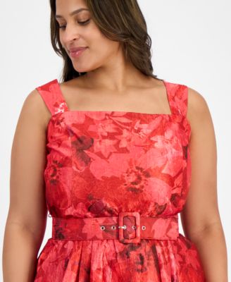 Plus Size Jacquard Belted Fit & Flare Dress