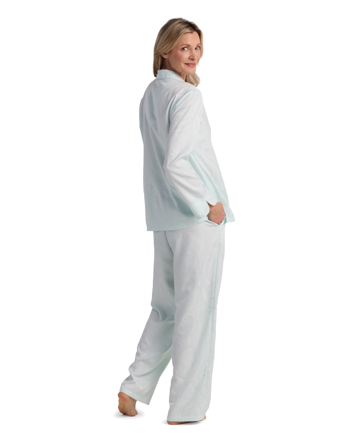Miss Elaine Women's 2-piece Notch Collar Top And Pull-on Pants Pajama Set In Green