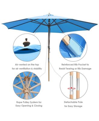 13ft XL Heavy Duty Solid Wood Outdoor Patio Umbrella with Base Parasol Wheels Stand for Bistro Market Table Garden Deck Yard Poolside Blue