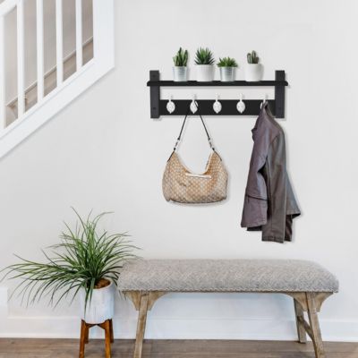 24 Inch Floating Wall Shelf with 5 Heavy Duty Hooks – for Entryway, Bathroom, Bedroom, Kitchen, or Mudroom