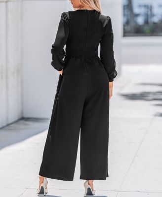 Women's Plunging Long Sleeve Wide Leg Jumpsuit